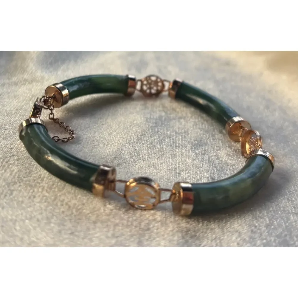 Vintage Jade Bracelet 4 Lucky Wishes Green Nephrite Gold Tone Bangle 7.5